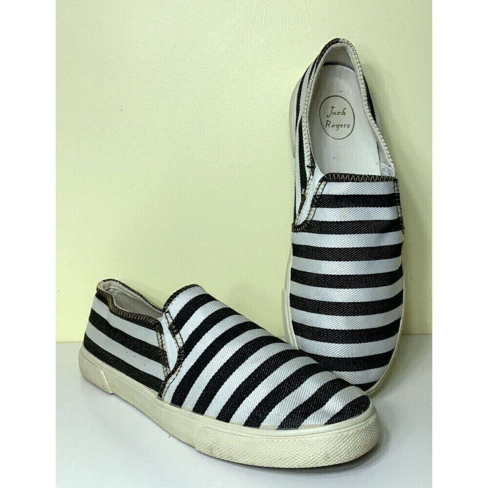 Jack Rogers Women's Slip On Shoe Black White Striped Size 8.5